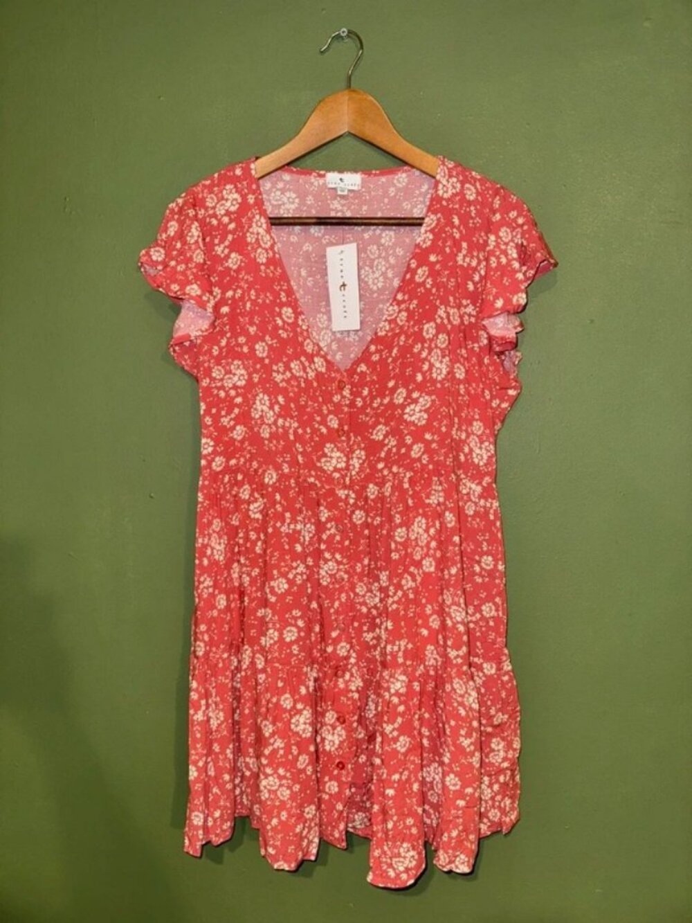 True Craft Coral White Daisy Floral Flutter Sleeve Button Mini Dress NWT L